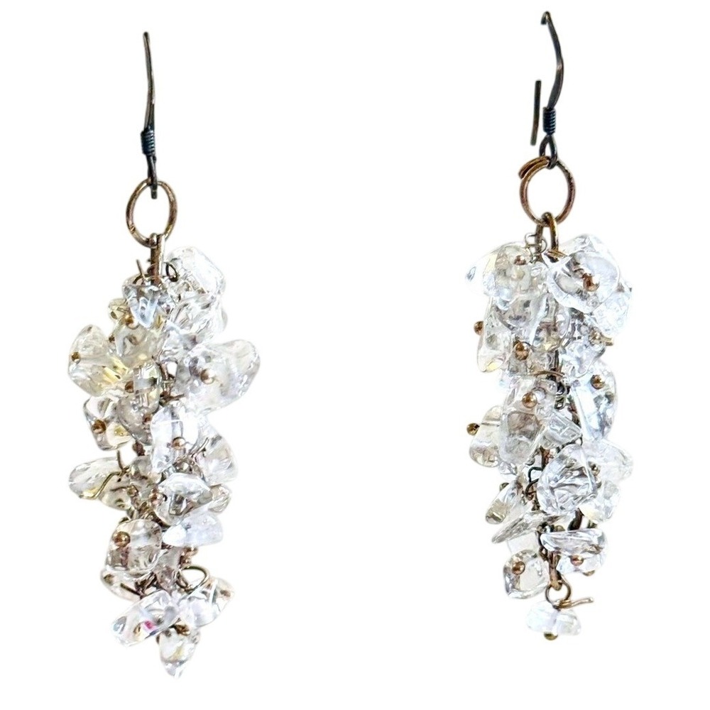 VTG clear rock Quartz‎ stone nugget Earrings sterling silver 925 Dangle hook